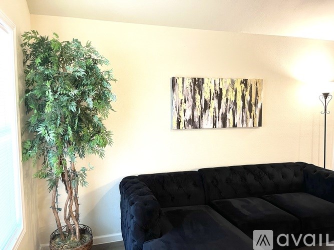 A living room with a black couch and a tree in a pot.
