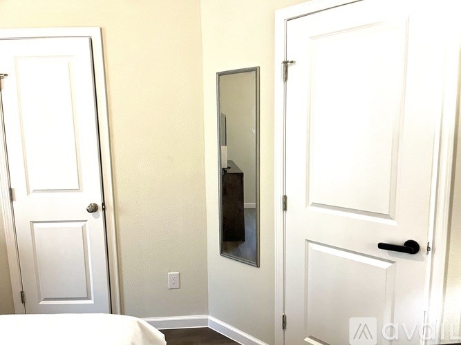 A white door is on the left and a white door with a black handle is on the right.