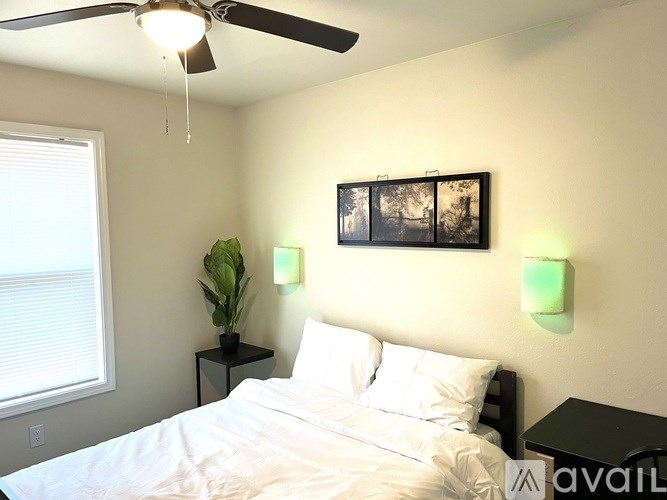 A bedroom with a bed, a ceiling fan, and a wall-mounted picture frame.