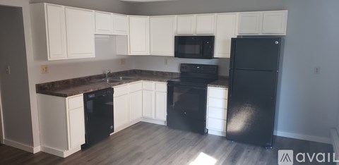 A kitchen with black appliances and white cabinets.