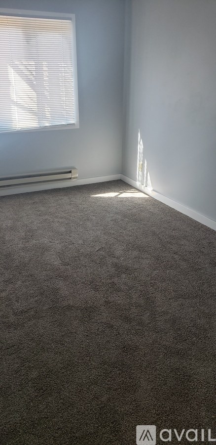 A room with a carpeted floor and a window with blinds.