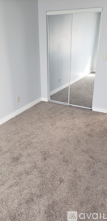 A room with a carpeted floor and a glass door.
