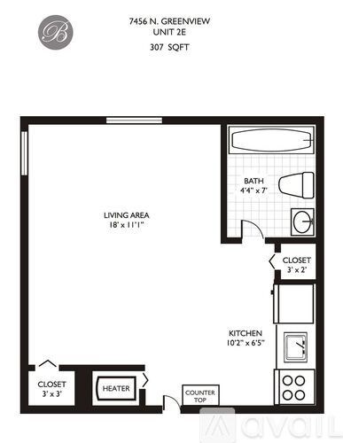 A floor plan of a one bedroom apartment with a living area, kitchen, bathroom and closet.