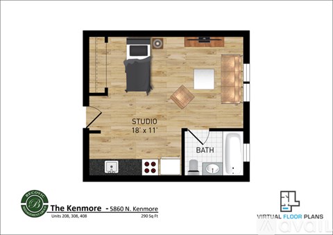 A floor plan of a studio apartment with a bathroom and a studio space.