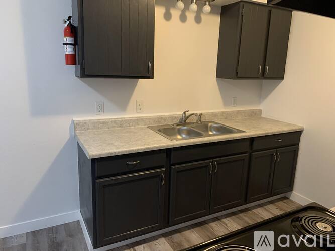 A kitchen with black cabinets and a marble countertop.