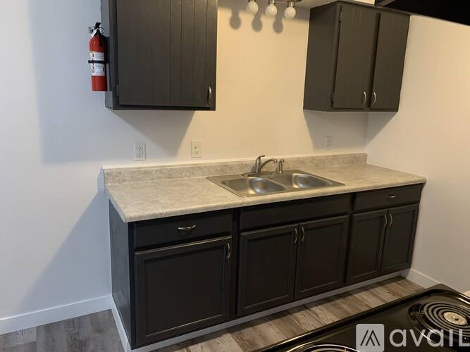 A kitchen with black cabinets and a marble countertop.