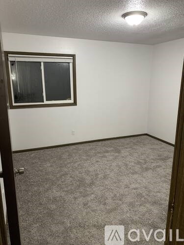 A room with a carpeted floor and a window with a white frame.