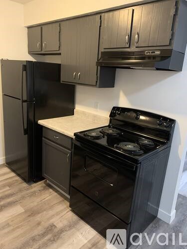A black stove and refrigerator in a kitchen.