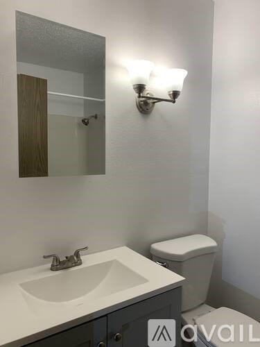 A bathroom with a toilet, sink, and mirror.