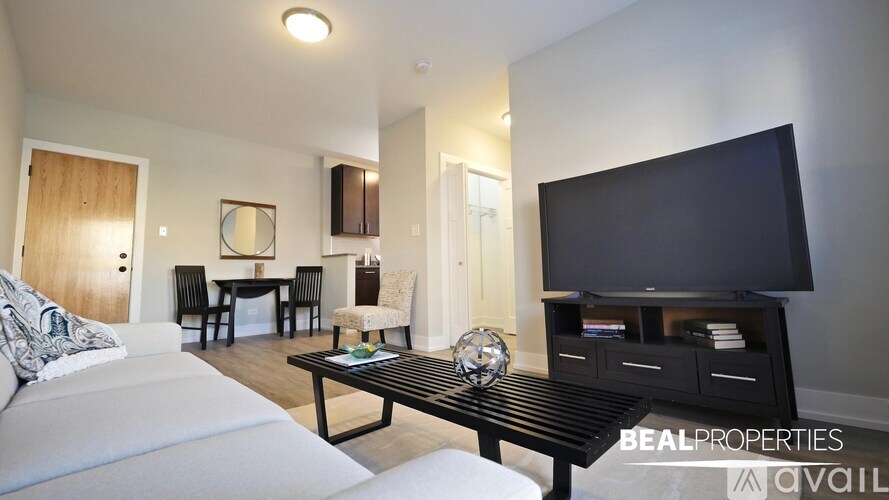 A living room with a white sofa and a black television.