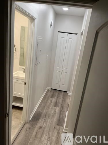 A bathroom with a white door and a mirror.
