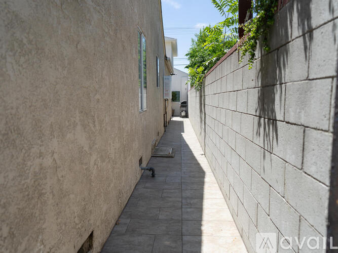 A narrow alley with a wall on one side and a building on the other.