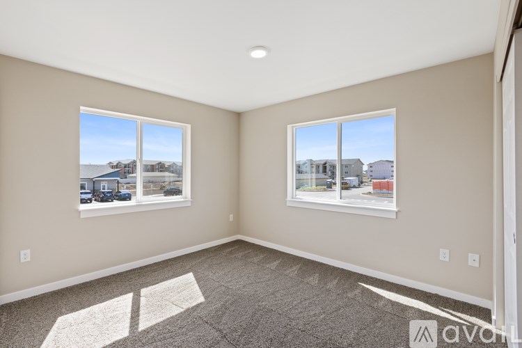 A room with two windows and a carpeted floor.