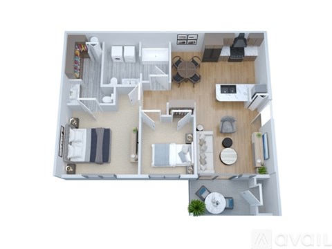 A floor plan of a small apartment with a kitchen, living room, and bathroom.