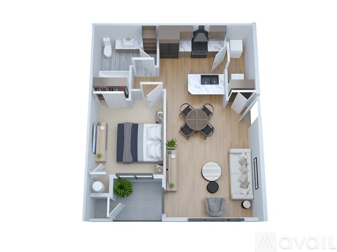 A top-down view of a small apartment layout with a living area, kitchen, and bedroom.