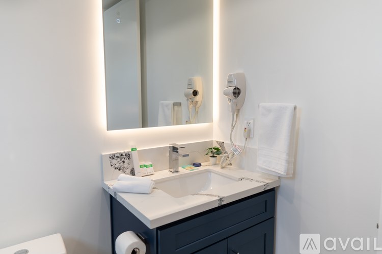 A bathroom with a sink, mirror, and toilet paper roll.