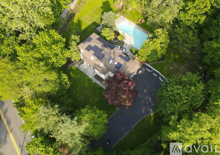 A house with a pool surrounded by trees.