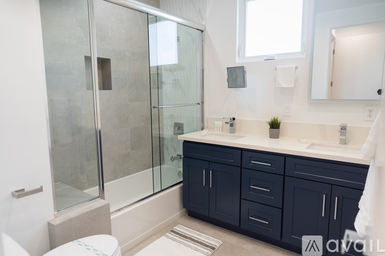 A modern bathroom with a walk-in shower and double sinks.