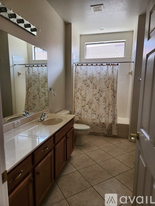 A bathroom with a floral shower curtain and a white sink.