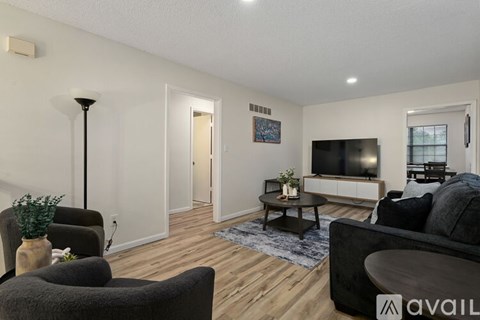 A living room with a black couch, a grey armchair, a small table with a vase and a potted plant, and a television on the wall.