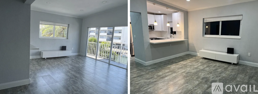 Two images of a room with a bench and a window.