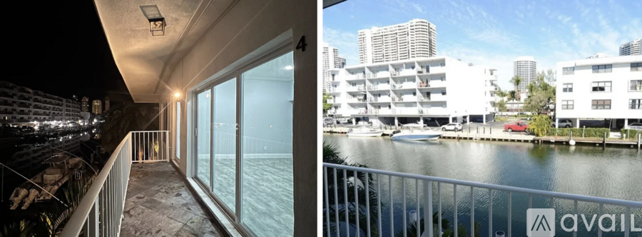 A balcony overlooking a body of water and a building with the word "AVAILABLE" on it.