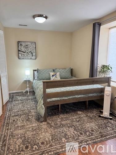 A bedroom with a bunk bed and a rug on the floor.