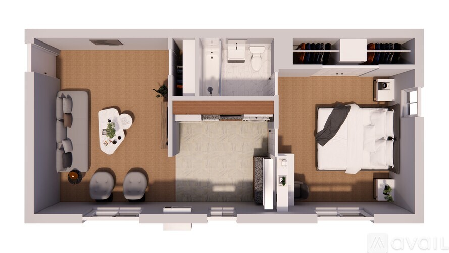 A floor plan of a small apartment with a kitchen, living room, and bathroom.