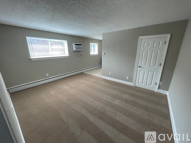 A room with a carpeted floor, a door, and two windows.