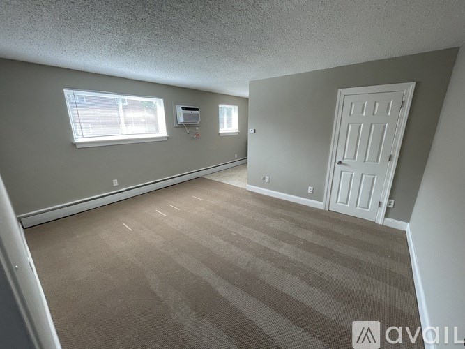 A room with a carpeted floor, a door, and two windows.