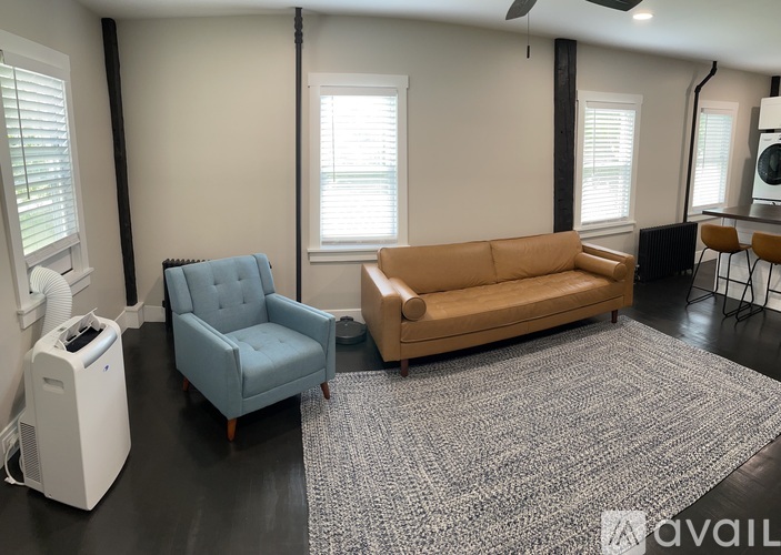 A living room with a blue chair, a brown couch, and a white air purifier.