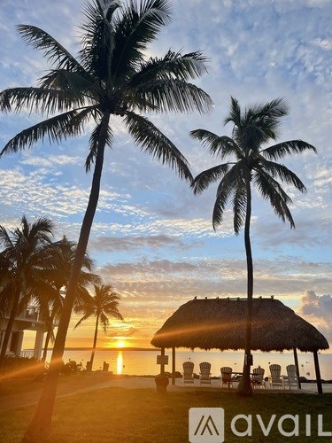 A beautiful sunset view with palm trees and a gazebo.