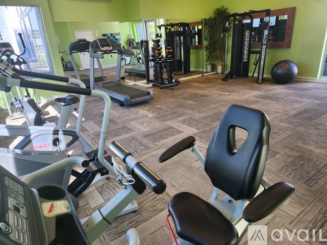 A gym with a variety of equipment including treadmills, weights, and exercise balls.
