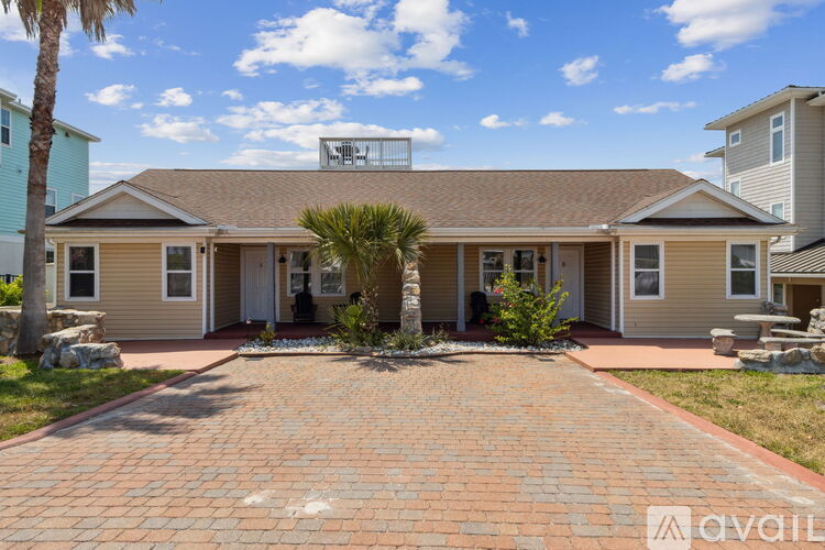 A house with a brick driveway and a palm tree in front.