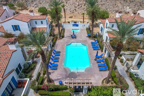A pool surrounded by palm trees and lounge chairs.