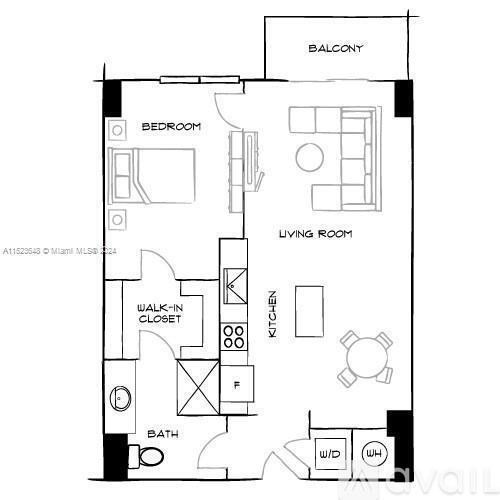 A floor plan of a small apartment with a bedroom, living room, kitchenette, and bathroom.
