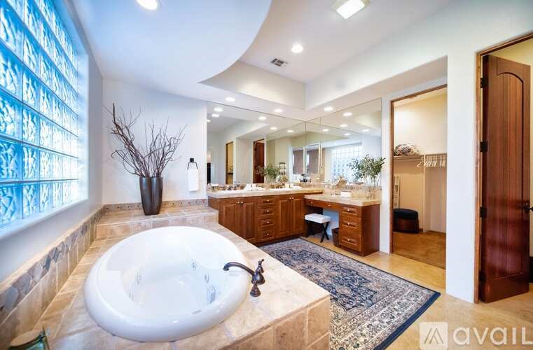 A bathroom with a large round sink and a mirror.
