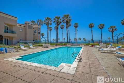 A swimming pool surrounded by palm trees and lounge chairs.