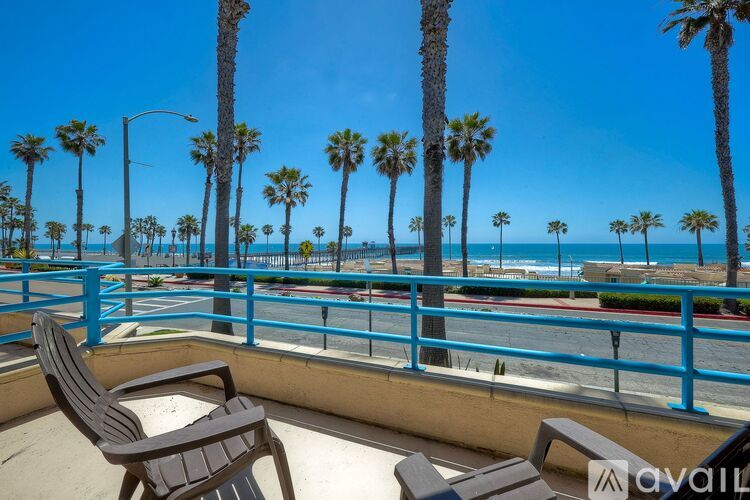 A sunny day at the beach with palm trees and benches.