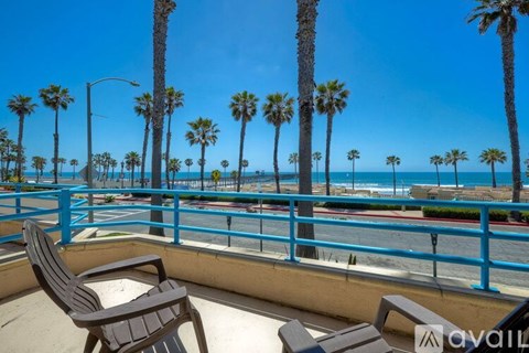 A sunny day at the beach with palm trees and benches.