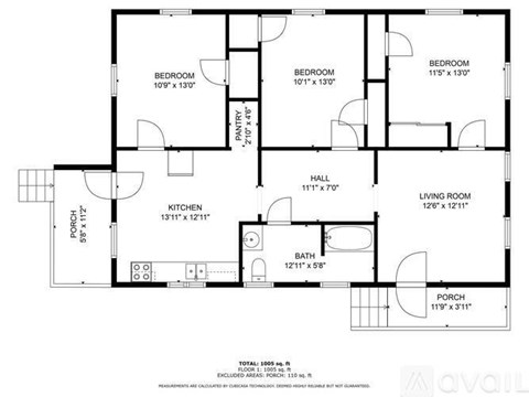 A floor plan of a house with a living room, kitchen, and three bedrooms.