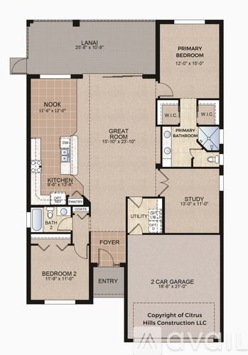 A floor plan of a house with a lanai, two bedrooms, a study, and a garage.