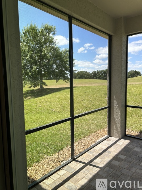 A view from a window looking out to a grassy field and a tree.
