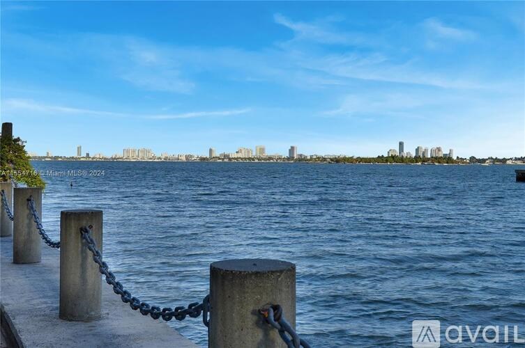 A view of a city skyline from a waterfront with a clear blue sky.