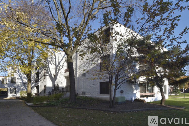 A tree with yellow leaves is in front of a white building.