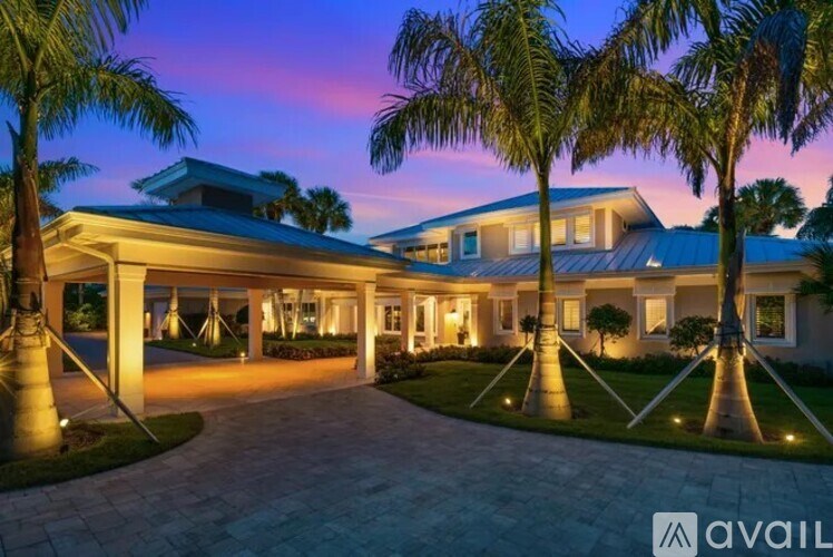 A modern house with a driveway and palm trees.