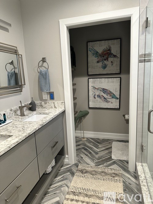 A bathroom with a rug on the floor and two pictures on the wall.