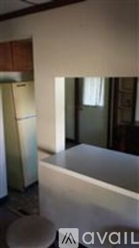 A kitchen with a refrigerator and a toilet.