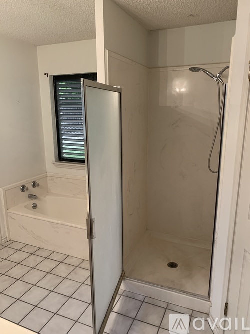 A bathroom with a walk in shower and a bathtub.