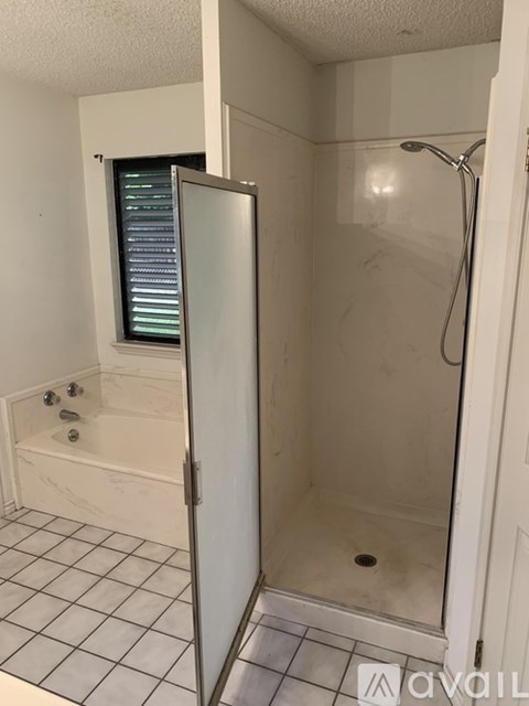 A bathroom with a walk in shower and a bathtub.